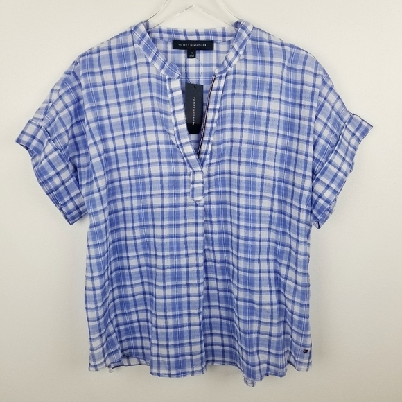 Tommy Hilfiger Blue Plaid Lightweight Top NWT - Picture 1 of 10